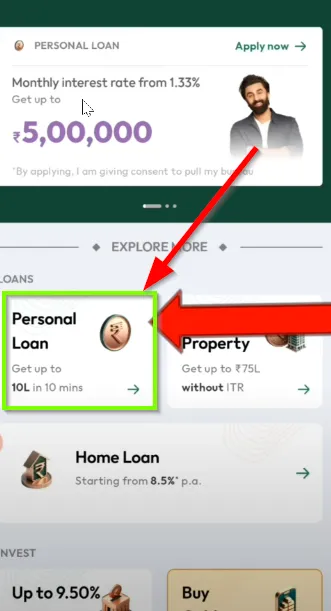 Selecting personal loan on MoneyView app dashboard