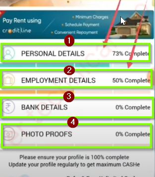 A digital form with four sections and icons for personal, employment, bank details, and photo proof.